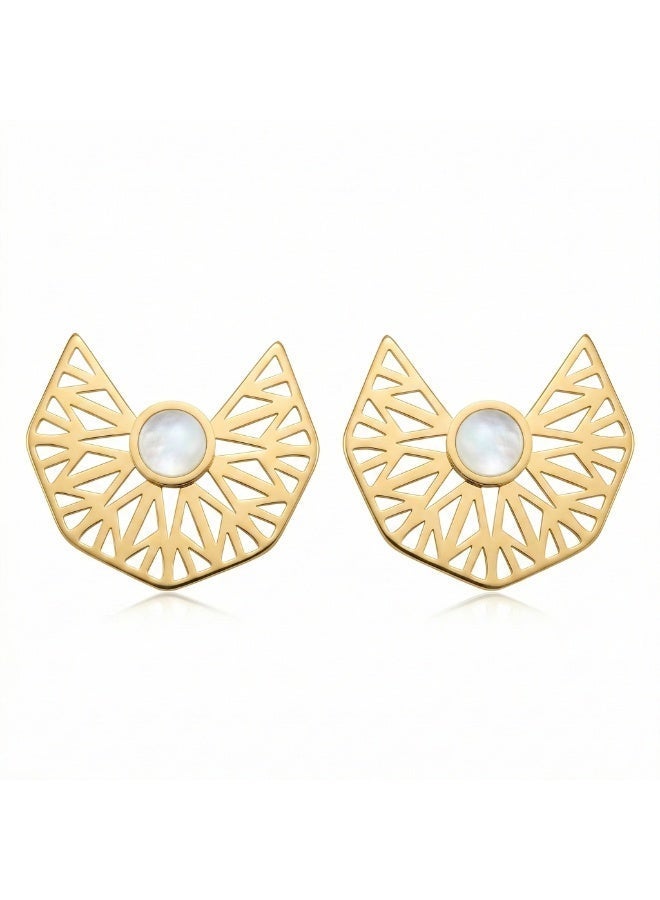 Shein Pharaonic Sun Wings Earrings – 316 Stainless Steel – Golden Engraved Design with Pearl Center - Image 3